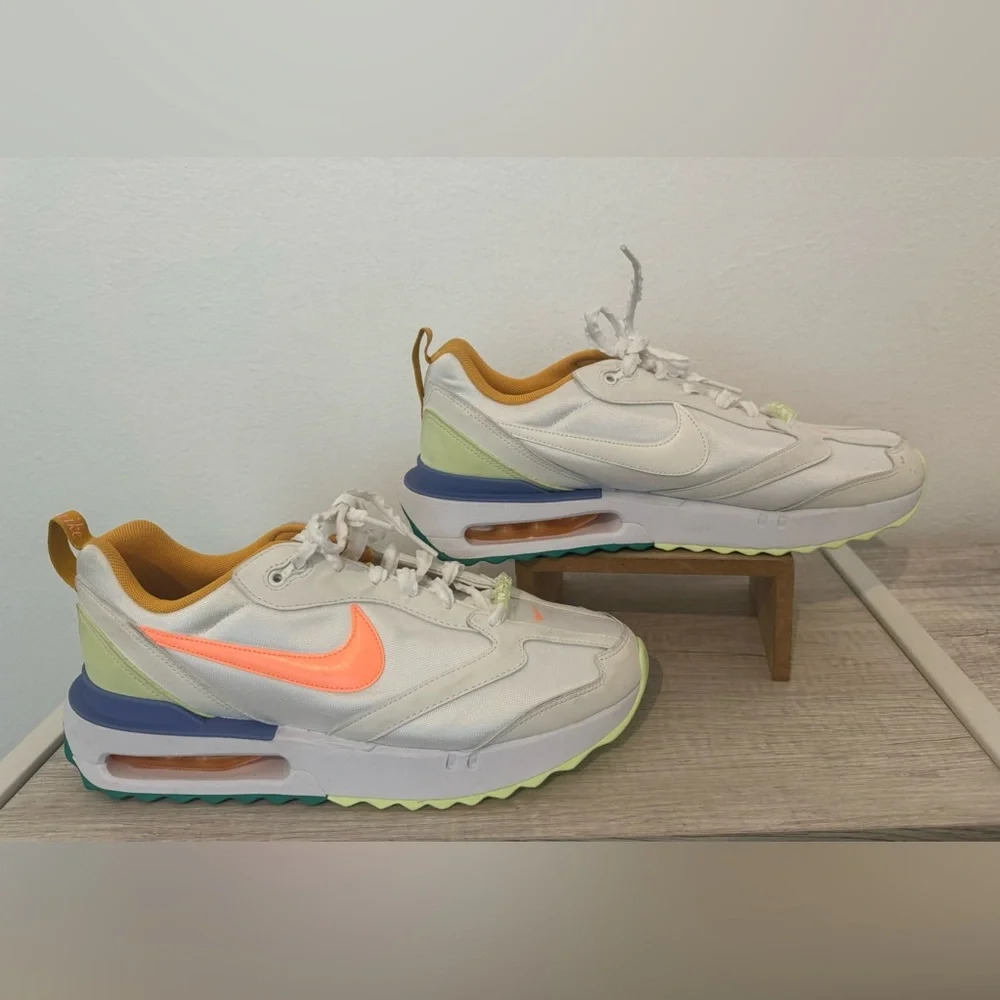 Nike Women’s White Sneakers with Neon Orange Swoosh and Yellow-Tan Interior